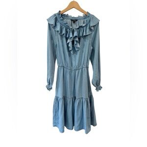 Lauren Ralph Lauren women’s Chambray midi Dress 00 blue tie front ruffle tiered